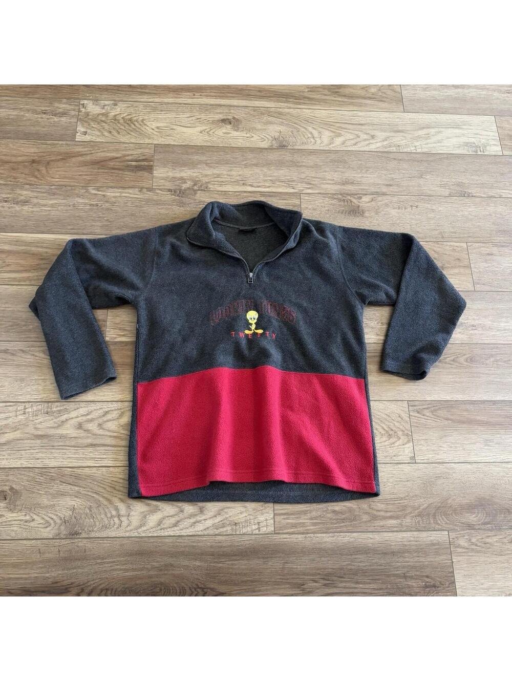 Vtg 90s Looney Tunes Tweety Bird Fleece Pullover 1/4 Zip